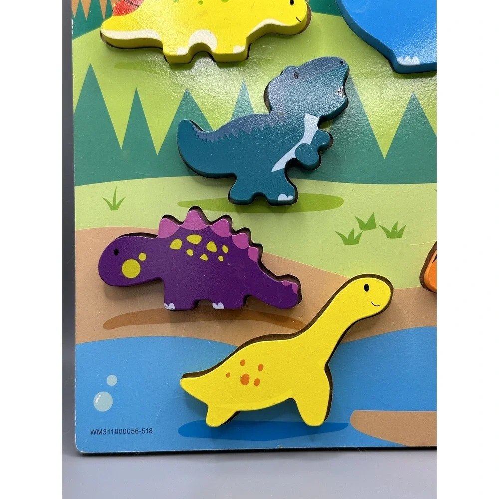 Wooden Arts Raised Chunky Dinosaurs Preschool 8 Pieces Wood TRAY Puzzle Colorful